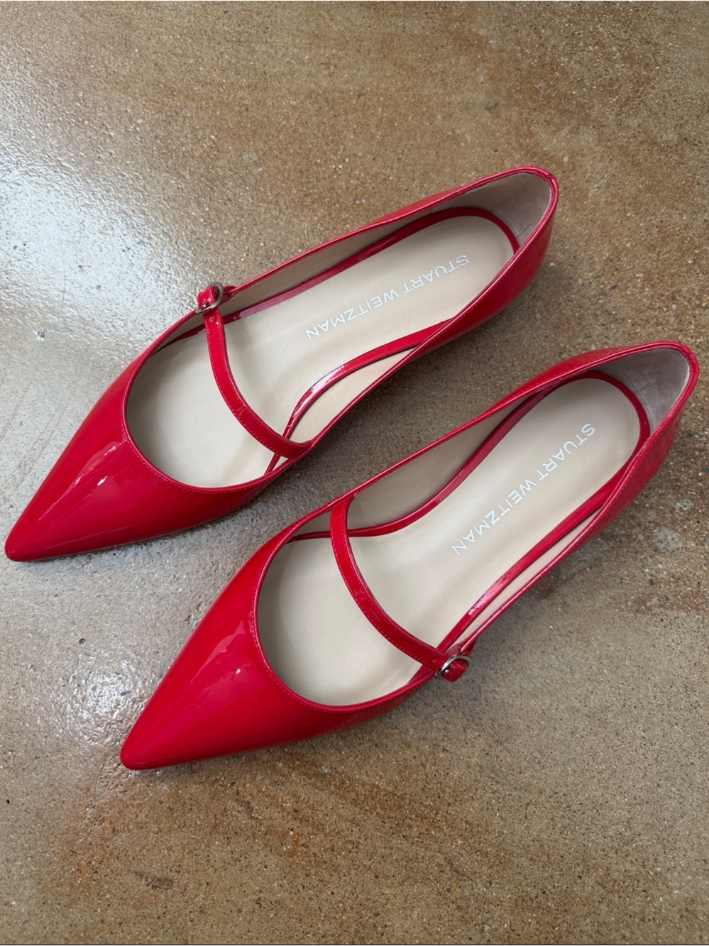 Stuart Weitzman Red Patent Pointed Mary Jane Flats